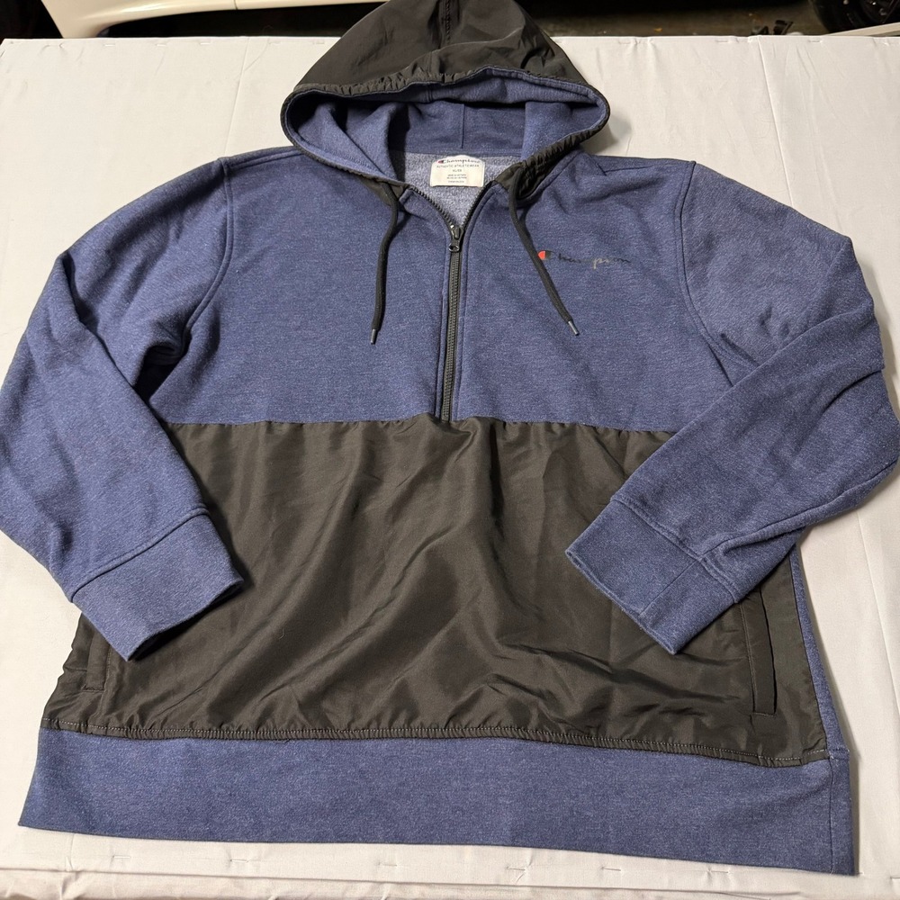 Champion Mens XL Quarter‎ Zip Hoodie Navy Blue Black Colorblock Fleece Pullover
